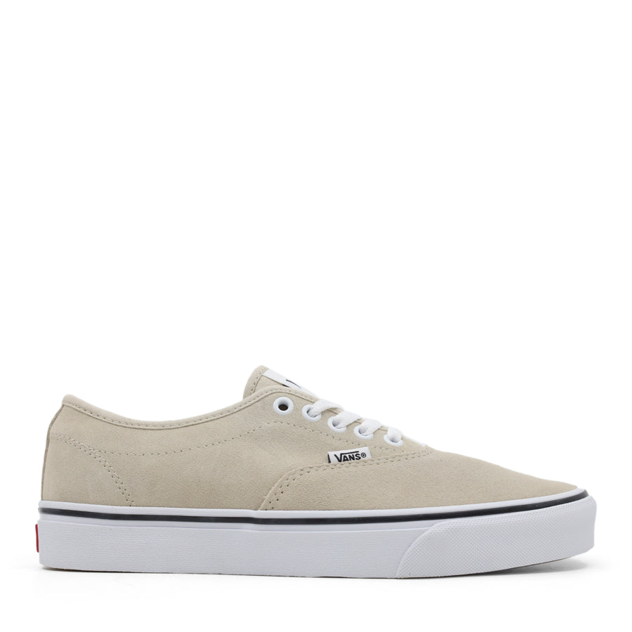 side view of leather suede sneaker, taupe & white lace up with vans logo