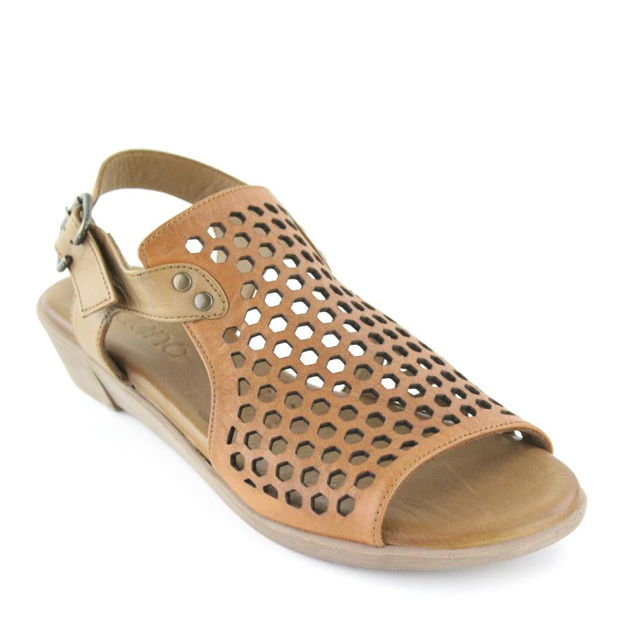 COCONUT TAN BROWN PUNCHED LEATHER ANKLE STRAP SANDAL