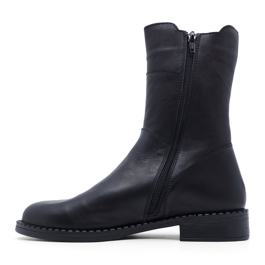 BLACK MID CALF ZIP UP ANKLE BOOT