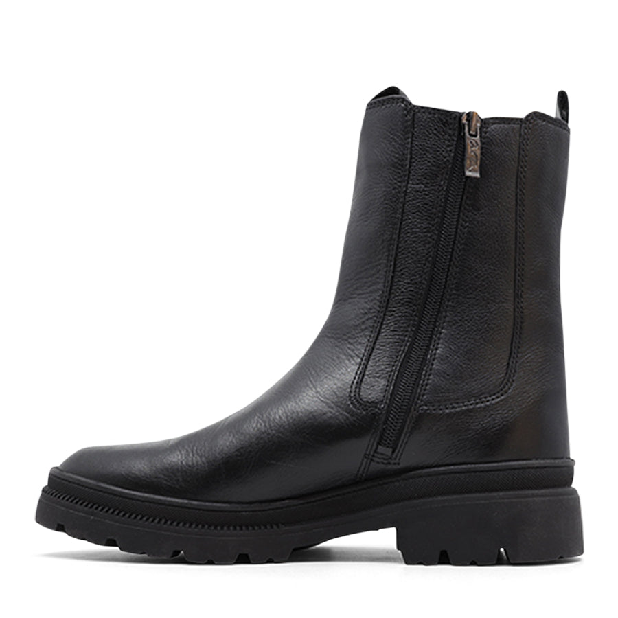 BLACK ELASTIC SIDED ZIP UP LONG MID ANKLE BOOT