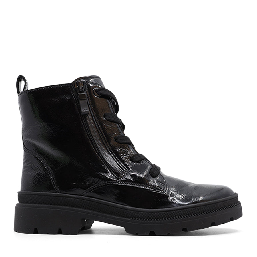 BLACK PATENT LACE UP ZIP UP ANKLE BOOT