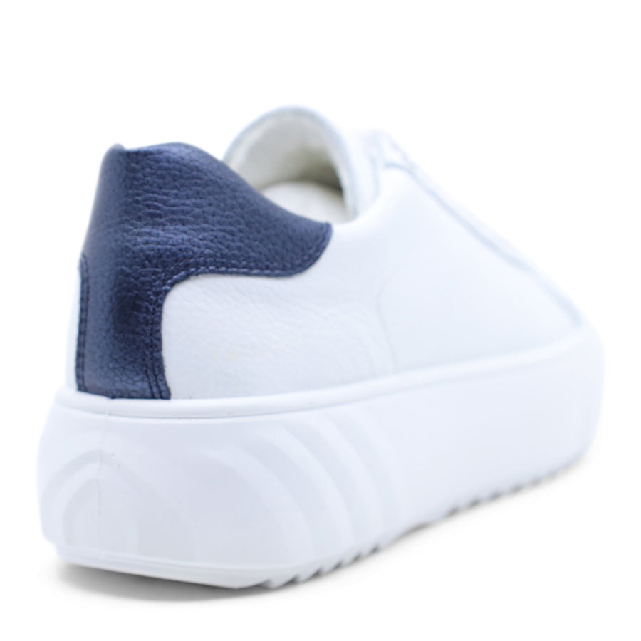 White sneaker with blue heel tab on a white background