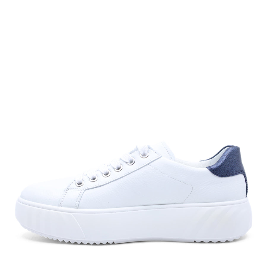 White sneaker with a blue heel tab on a white background