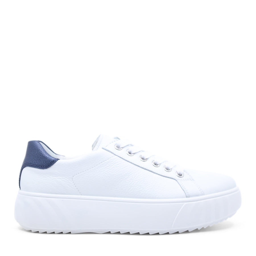 White sneaker with blue heel tab on a white background