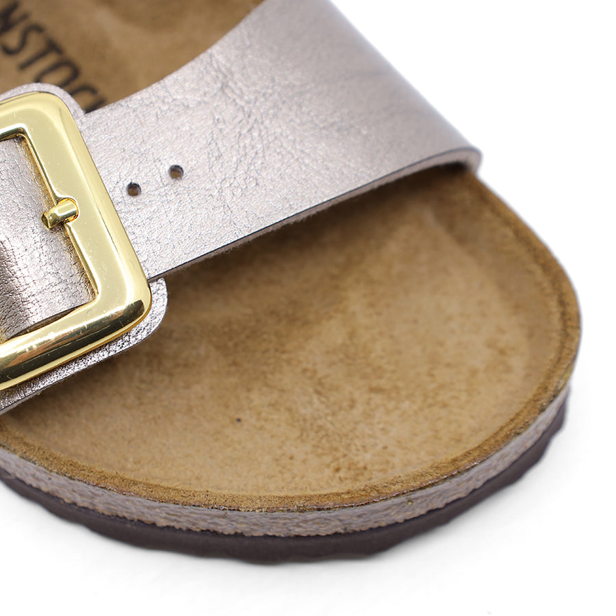 METALLIC TAUPE TWO STRAP GOLD BUCKLE SLIDE SANDAL