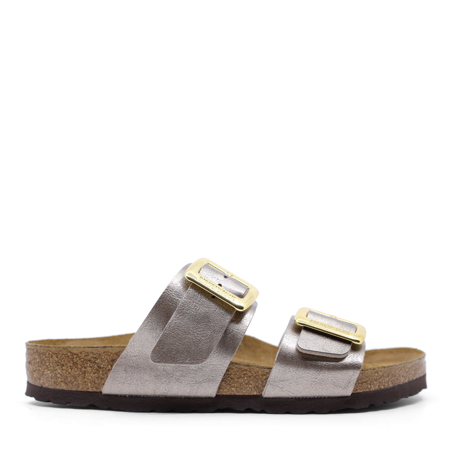 METALLIC TAUPE TWO STRAP GOLD BUCKLE SLIDE SANDAL