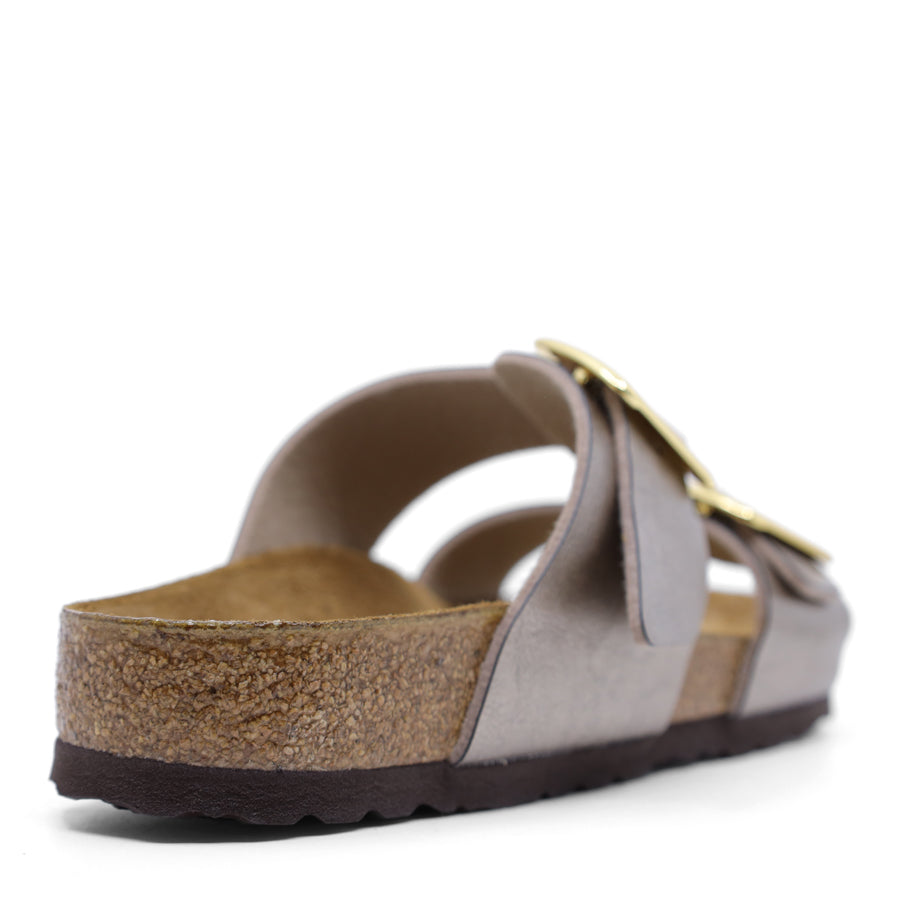 METALLIC TAUPE TWO STRAP GOLD BUCKLE SLIDE SANDAL