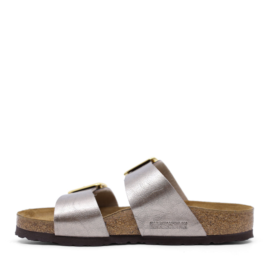 METALLIC TAUPE TWO STRAP GOLD BUCKLE SLIDE SANDAL