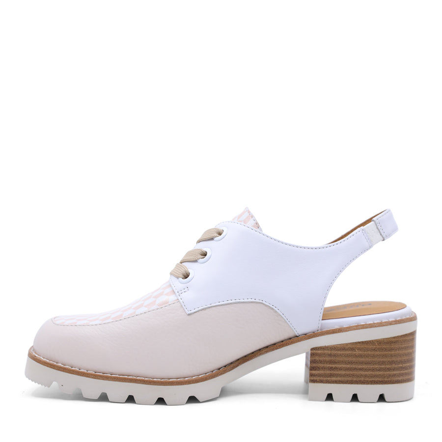 White and beige shoe with a block heel sandal