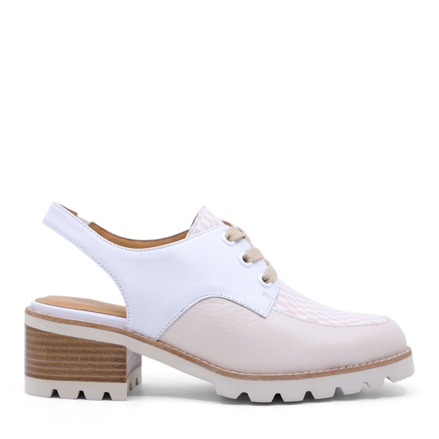 White and beige shoe with a block heel sandal