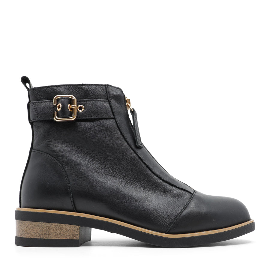 BLACK GOLD BUCKLE ZIP UP ANKLE BOOT