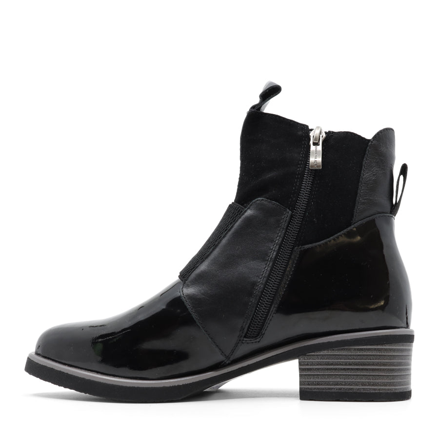 BLACK PATENT SUEDE ELASTIC PANEL ZIP UP ANKLE BOOT