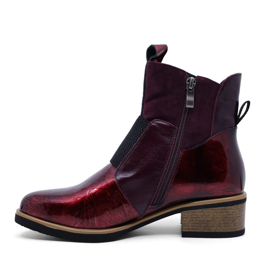 BORDO RED PATENT PULL ON ZIP UP ANKLE BOOT