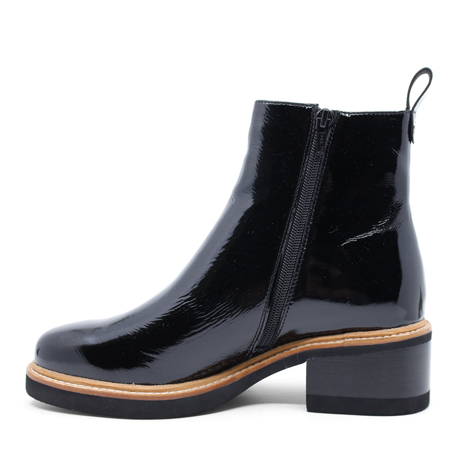 BLACK PATENT ZIP UP ELASTIC SIDED ANKLE BOOT