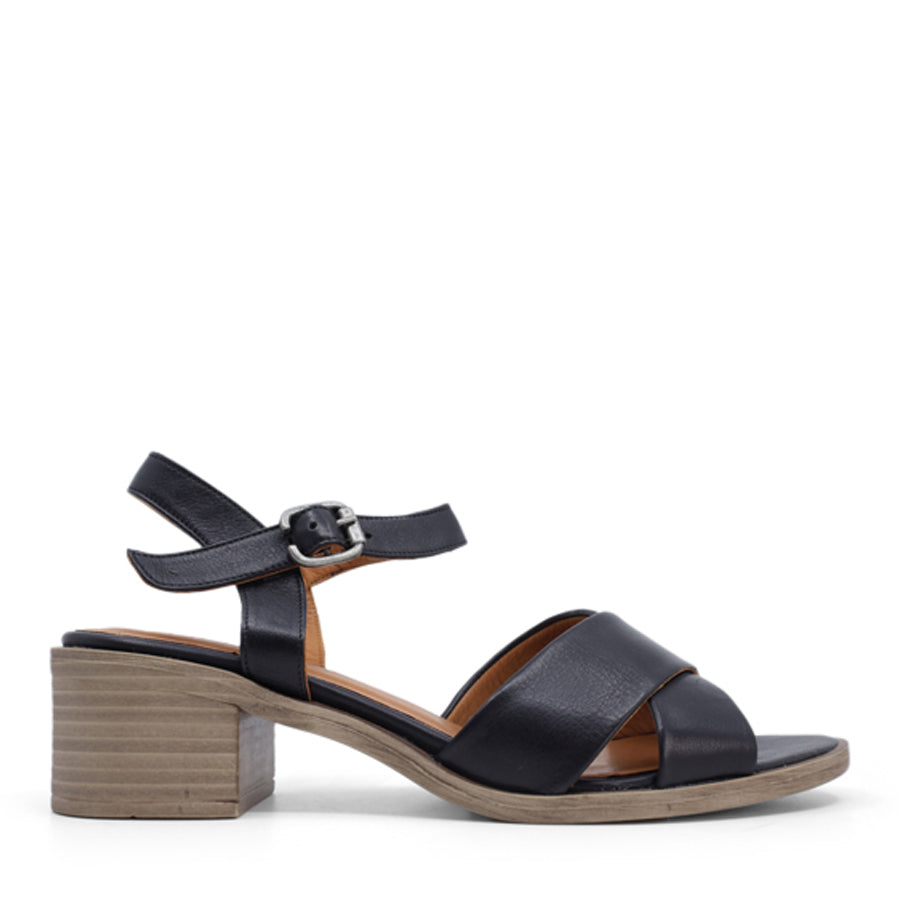 BLACK CROSSOVER TOE BUCKLE ANKLE STRAP HEEL SANDAL