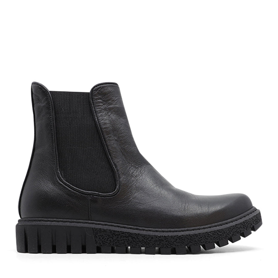 BLACK PULL ON ELASTIC SIDED RUBBER SOLE ANKLE BOOT