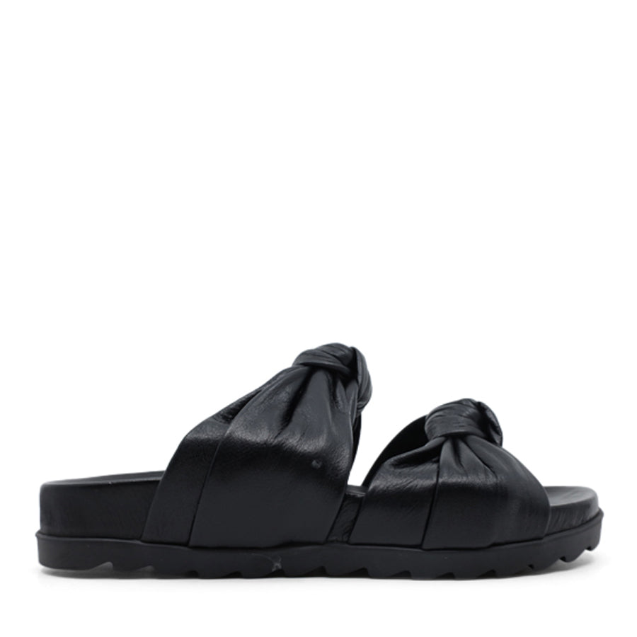 BLACK CROSSOVER BOW SLIDE SANDAL