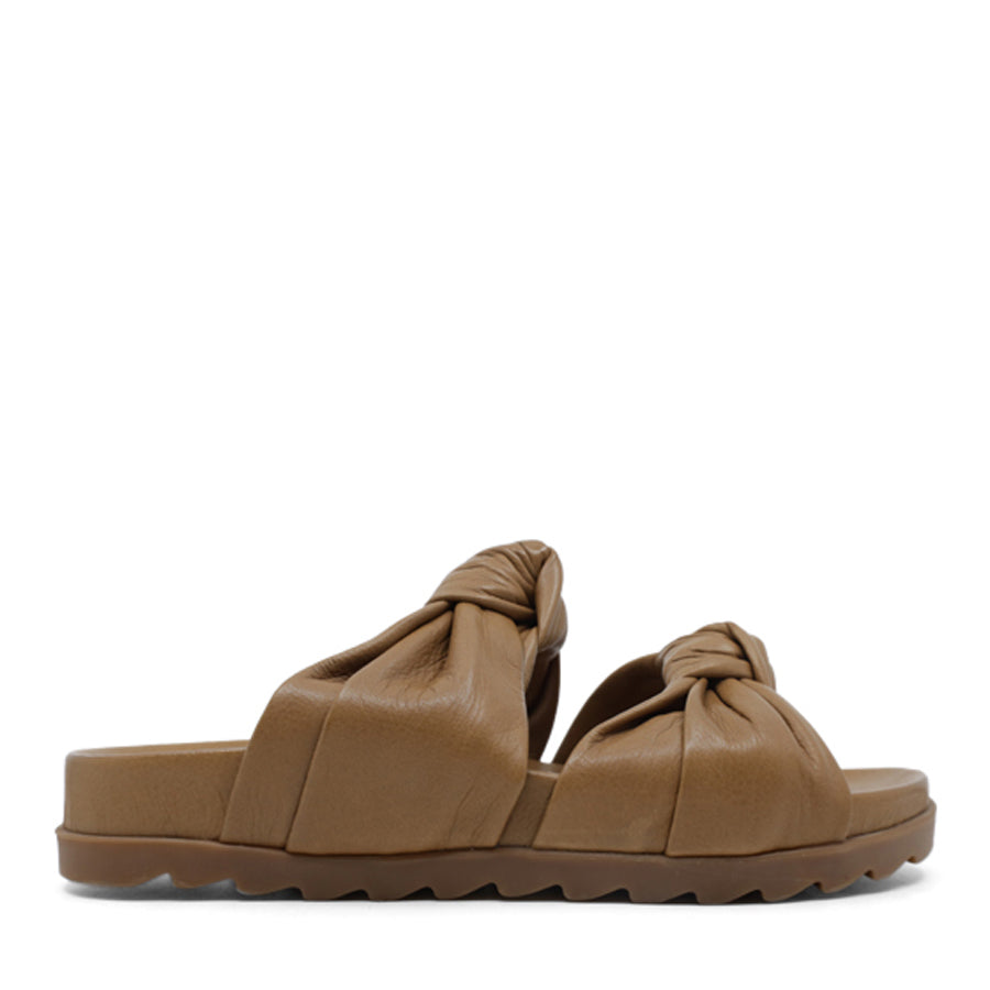 NEW NATURE TAN BROWN CROSSOVER BOW SLIDE SANDAL