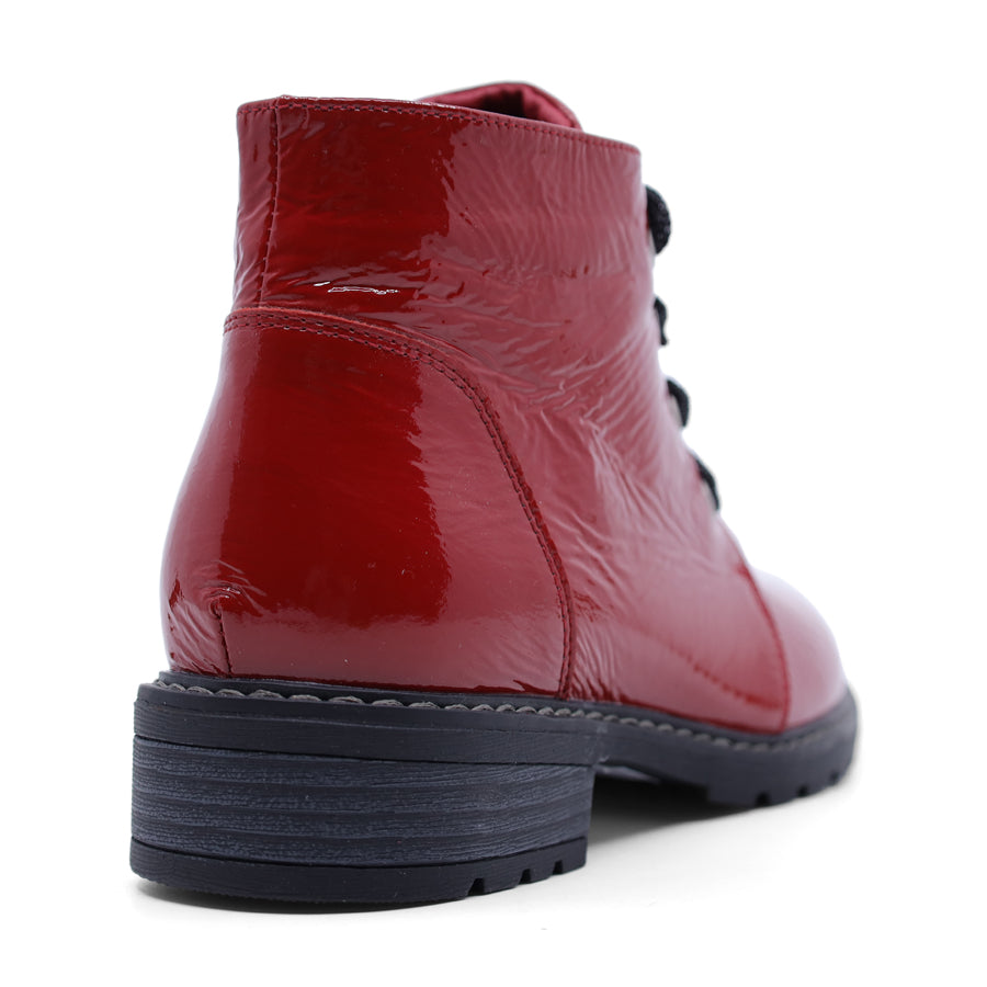 RED PATENT LACE UP ZIP UP ANKLE BOOT