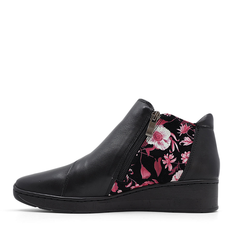 BLACK FLORAL FANTASY ZIP UP ANKLE BOOT