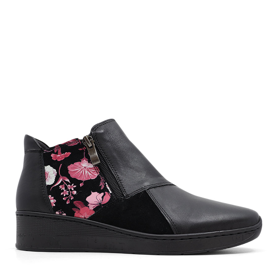 BLACK FLORAL FANTASY ZIP UP ANKLE BOOT