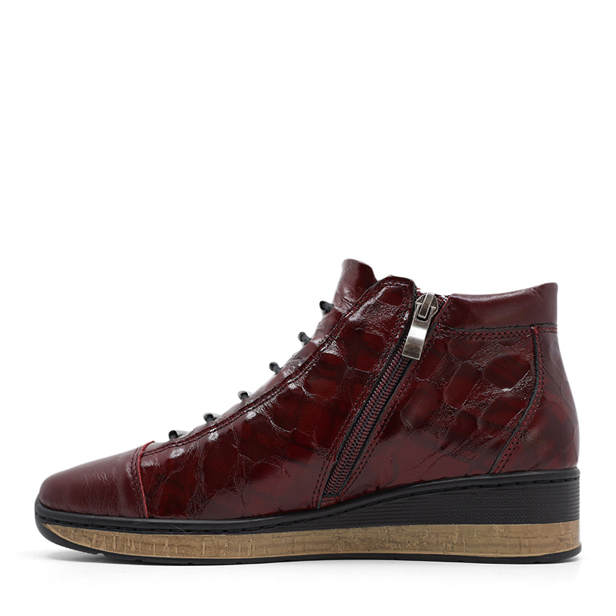 BORDO RED CROC  LACE UP ZIP UP ANKLE BOOT