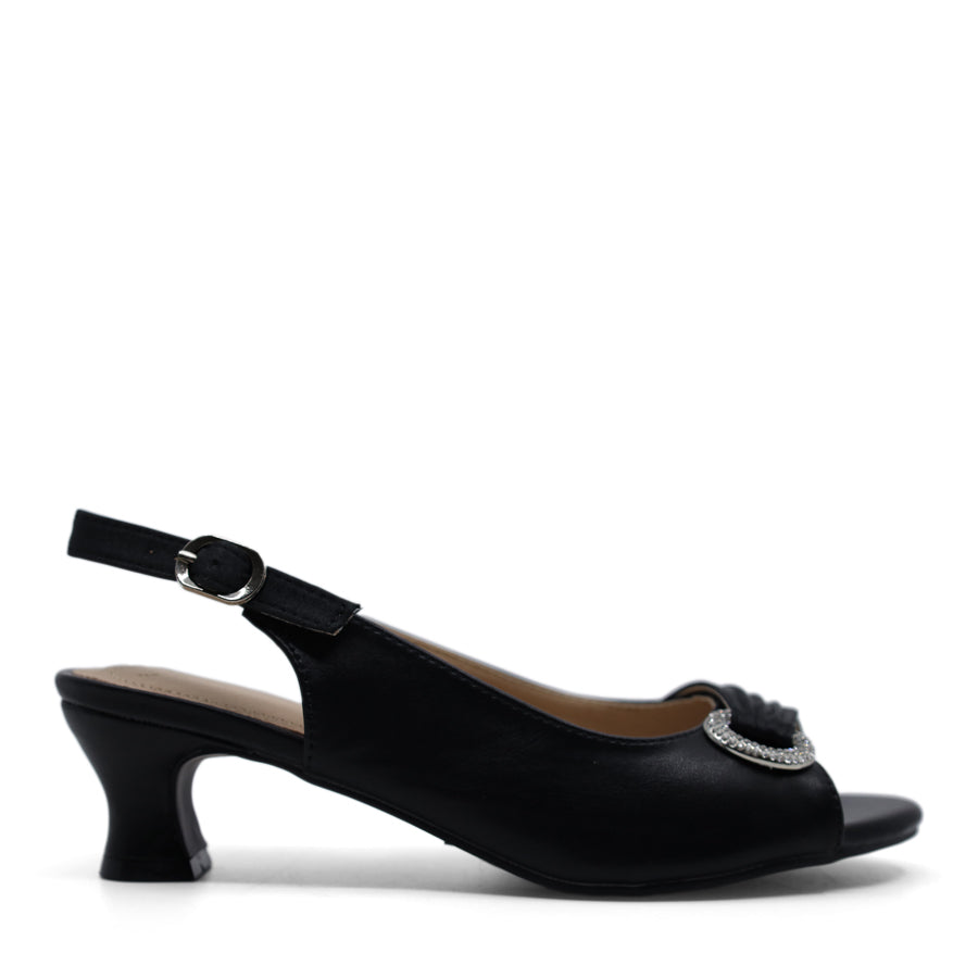 BLACK PEEP TOE SLINGBACK SILVER DIAMANTE STONE DETAIL HEEL