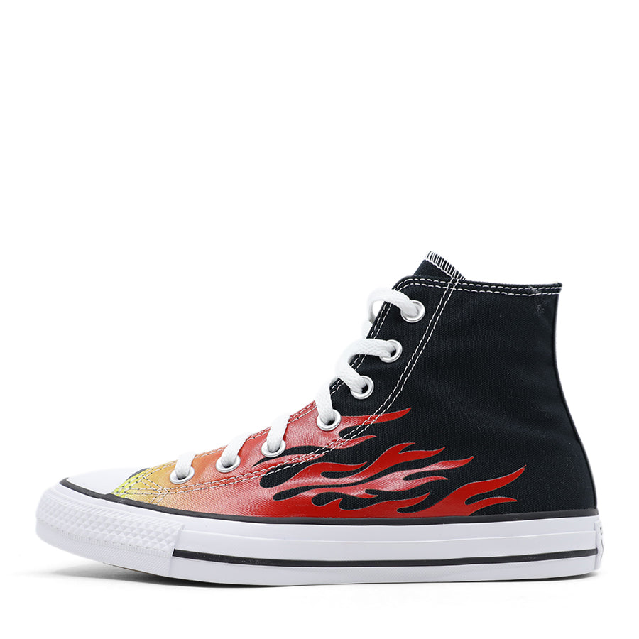 BLACK YELLOW RED FLAMES WHITE SOLE LACE UP HIGH TOP SNEAKER