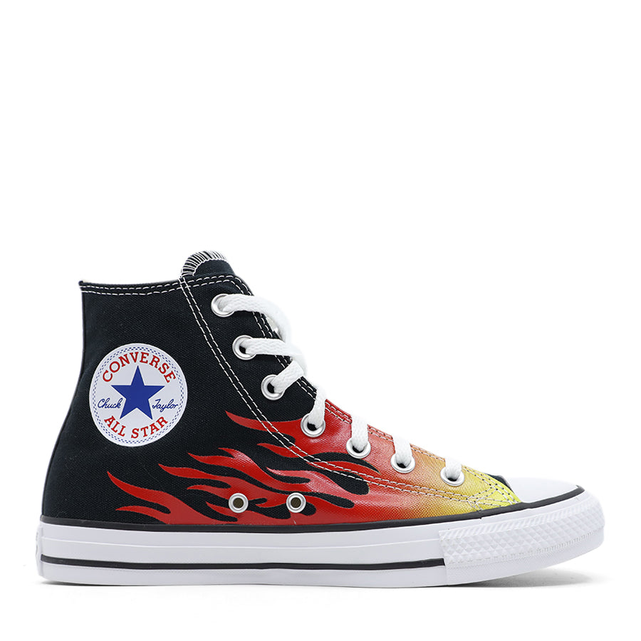 BLACK YELLOW RED FLAMES WHITE SOLE LACE UP HIGH TOP SNEAKER