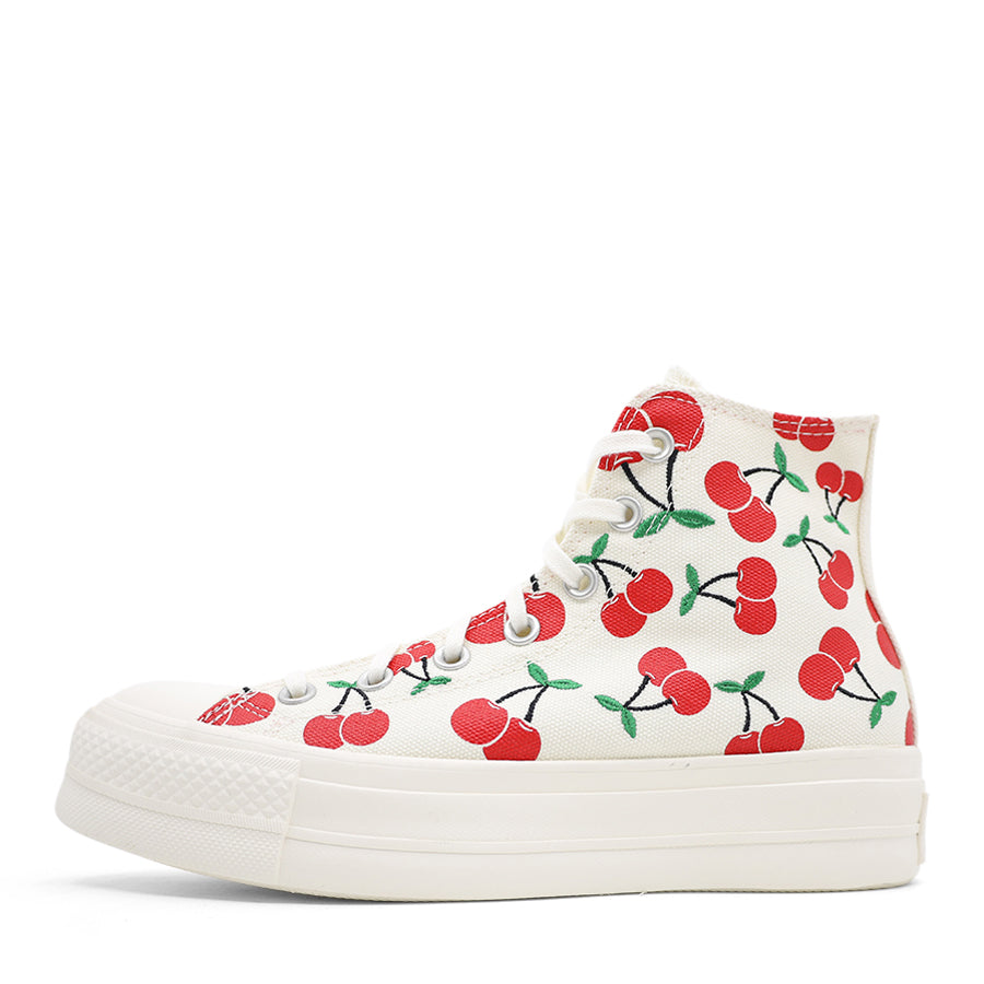 WHITE CANVAS RED CHERRY LACE UP HIGH TOP PLATFORM SNEAKER