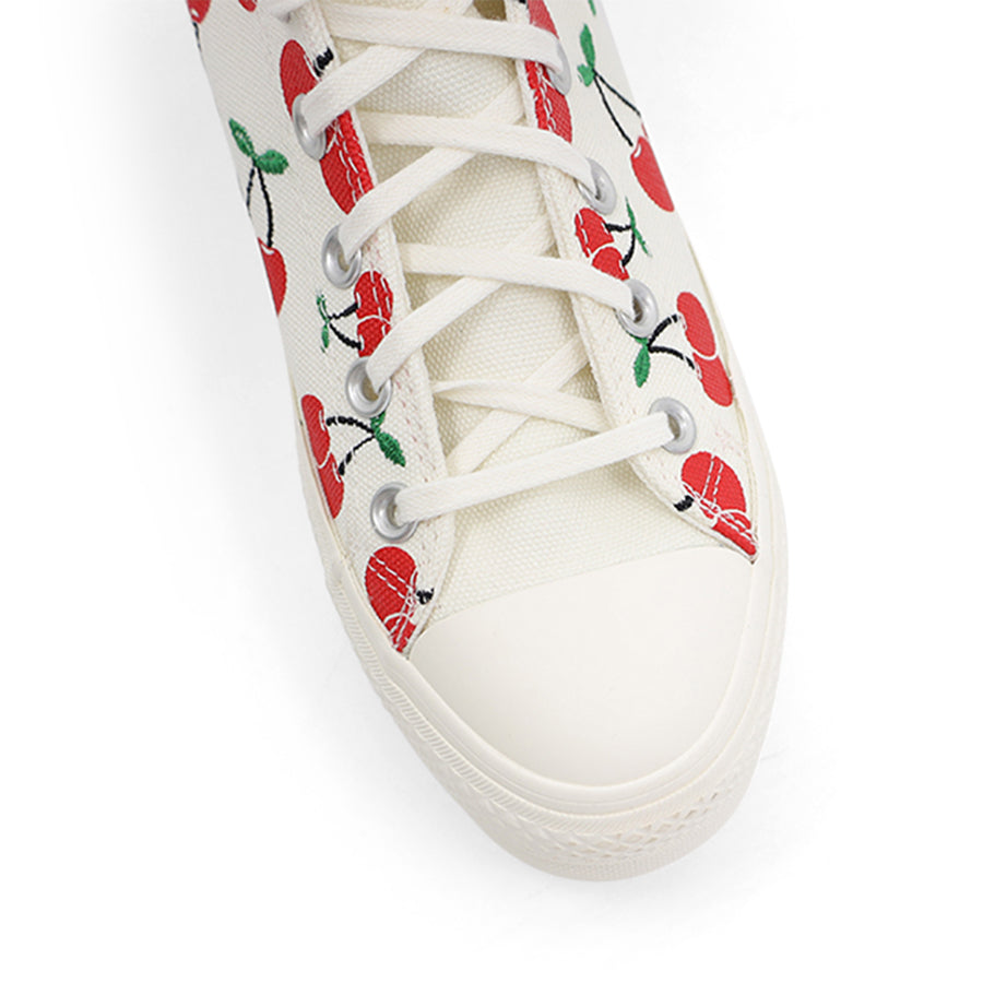 WHITE CANVAS RED CHERRY LACE UP HIGH TOP PLATFORM SNEAKER