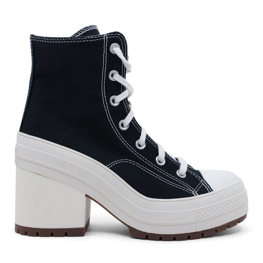 BLACK WITH WHITE SOLE HIGH TOP CONVERSE HEEL LACE UP SNEAKER