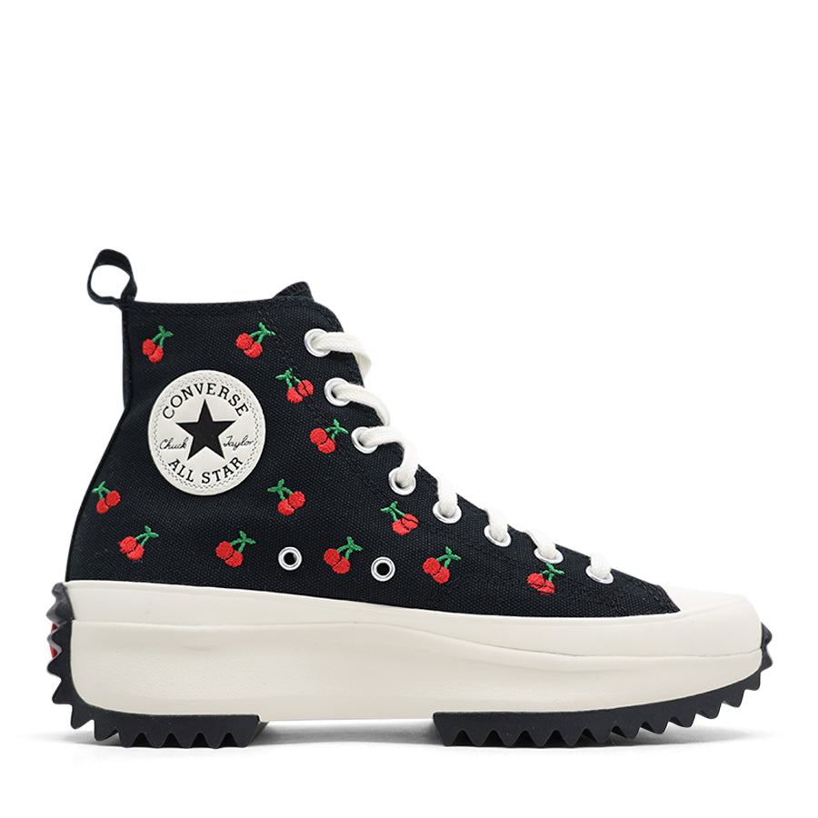 BLACK CANVAS RED CHERRY EMBOSSED LACE UP HIGH TOP PLATFORM SNEAKER