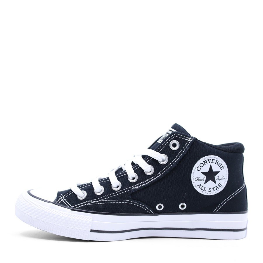 BLACK CANVAS UPPER WHITE BLACK STRIPE SOLE LACE UP MID RISE SNEAKER