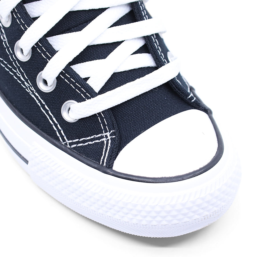BLACK CANVAS UPPER WHITE BLACK STRIPE SOLE LACE UP MID RISE SNEAKER