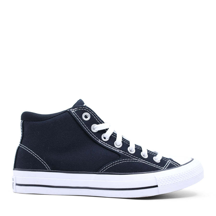 BLACK CANVAS UPPER WHITE BLACK STRIPE SOLE LACE UP MID RISE SNEAKER