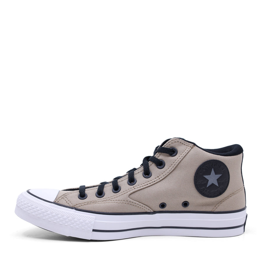 BEIGE CANVAS UPPER WHITE BLACK STRIPE SOLE LACE UP MID RISE SNEAKER