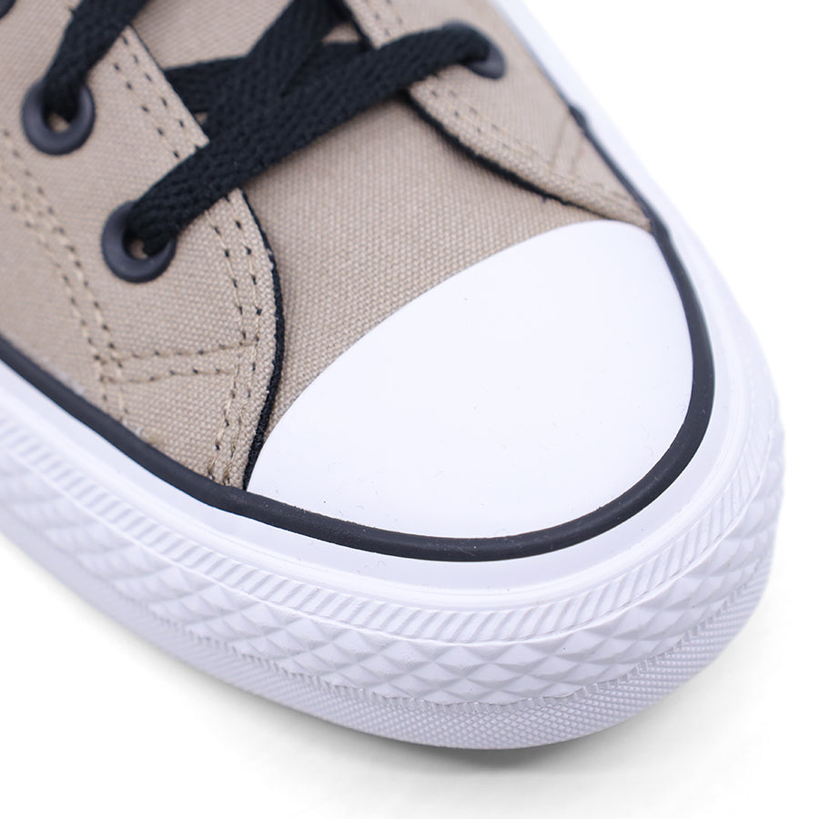 BEIGE CANVAS UPPER WHITE BLACK STRIPE SOLE LACE UP MID RISE SNEAKER