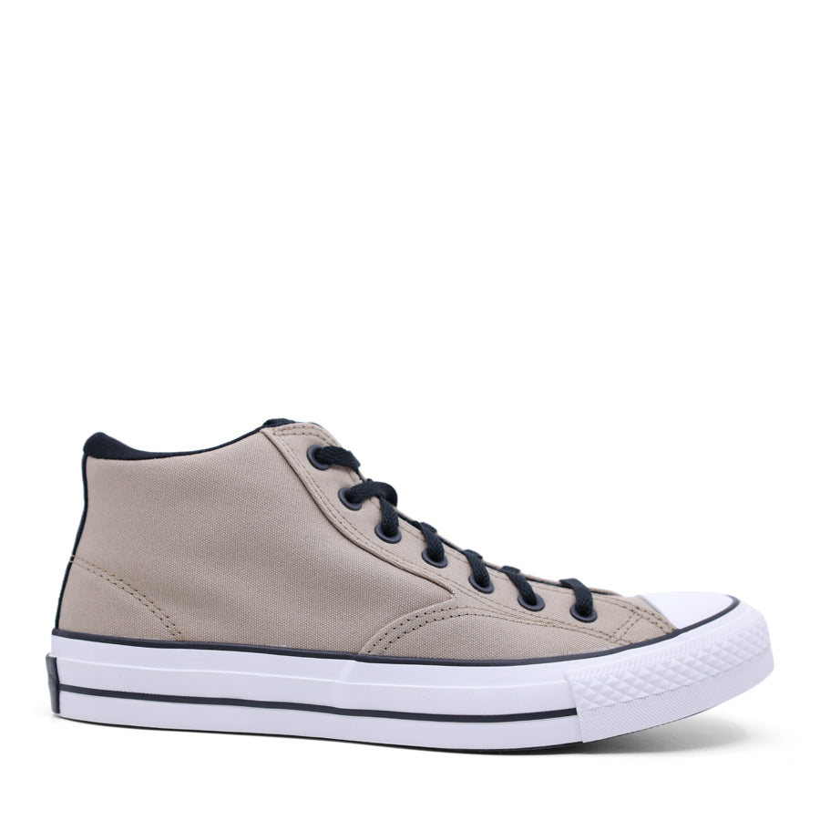 BLACK CANVAS UPPER WHITE BROWN STRIPE SOLE LACE UP MID RISE SNEAKER