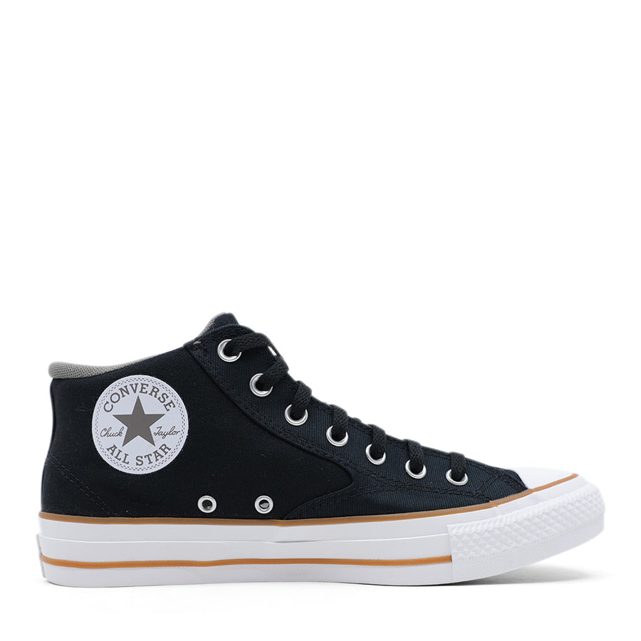 BLACK CANVAS UPPER WHITE BROWN STRIPE SOLE LACE UP MID RISE SNEAKER
