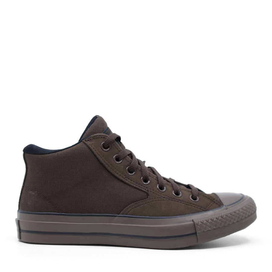 BLACK CANVAS UPPER WHITE BROWN STRIPE SOLE LACE UP MID RISE SNEAKER