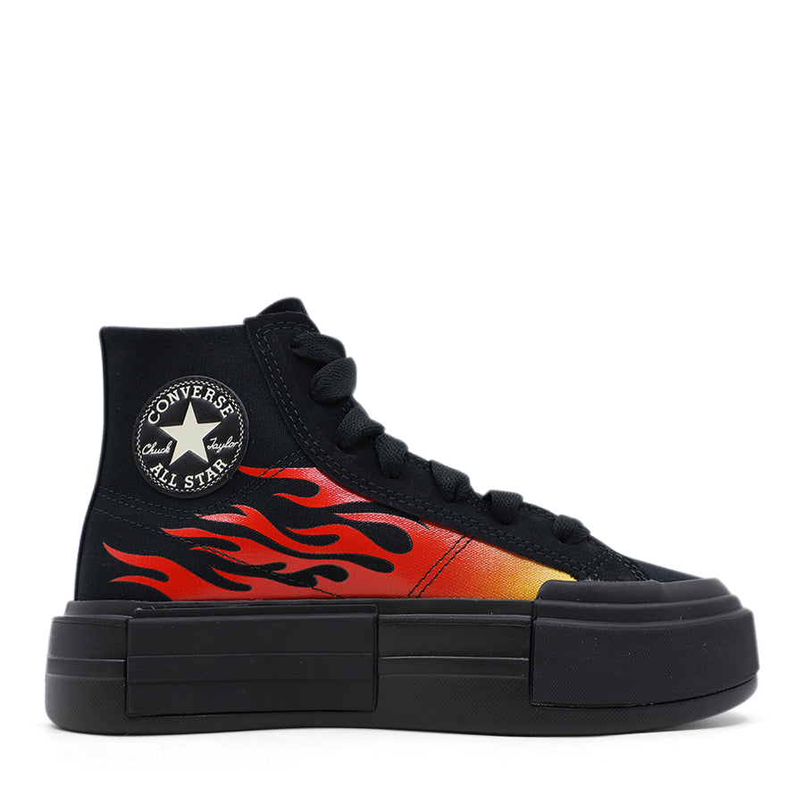 BLACK RED FLAME PLATFORM LACE UP HIGH TOP SNEAKER