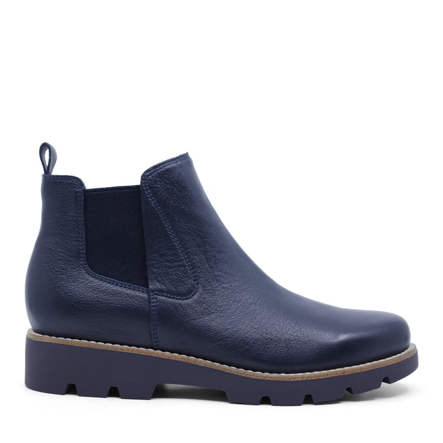 NAVY BLUE DUAL ELASTIC GUSSET SLIP ON ANKLE BOOT