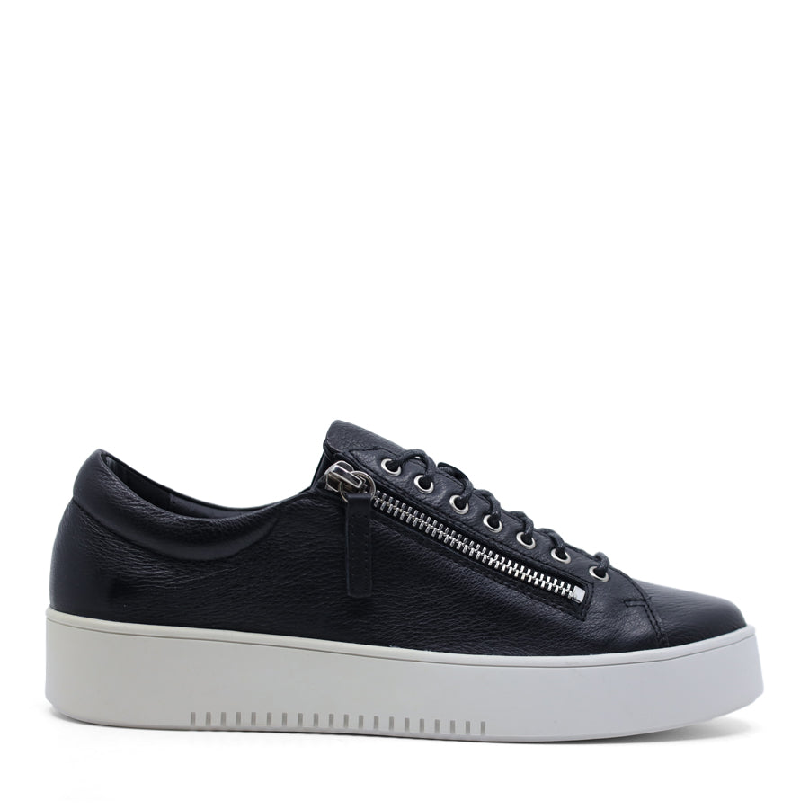 BLACK UPPER WHITE PLATFORM SOLE LACE UP ZIP UP FLAT SNEAKER