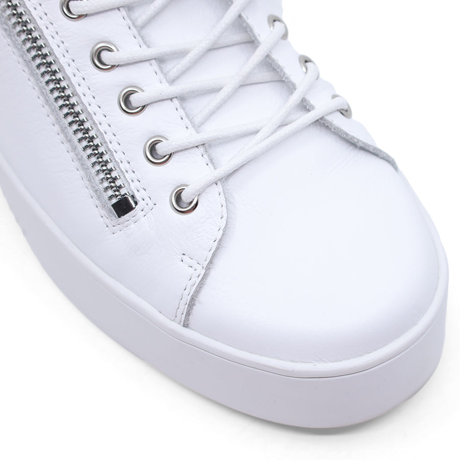WHITE UPPER WHITE PLATFORM SOLE LACE UP ZIP UP FLAT SNEAKER