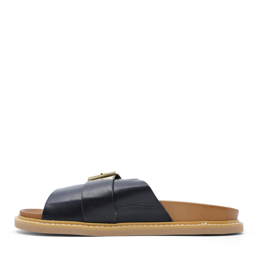 BLACK GOLD BUCKLE BROWN SOLE SANDAL SLIDE 