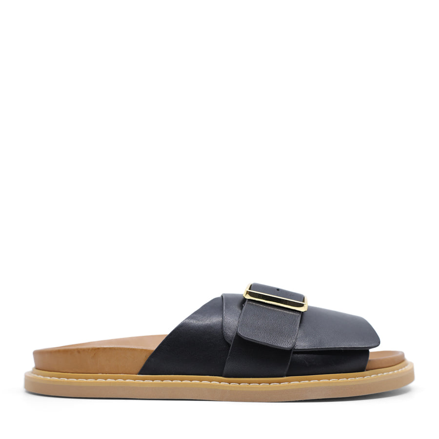 BLACK GOLD BUCKLE BROWN SOLE SANDAL SLIDE 