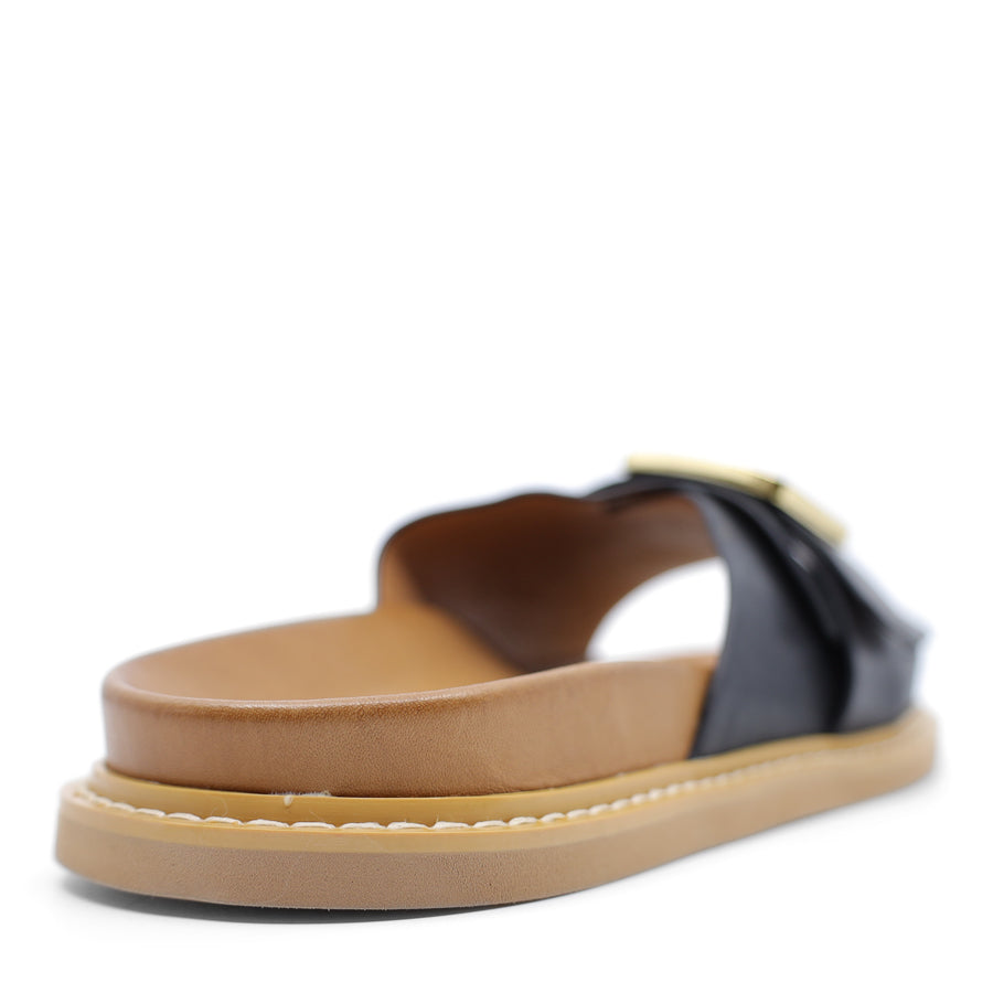 BLACK GOLD BUCKLE BROWN SOLE SANDAL SLIDE 