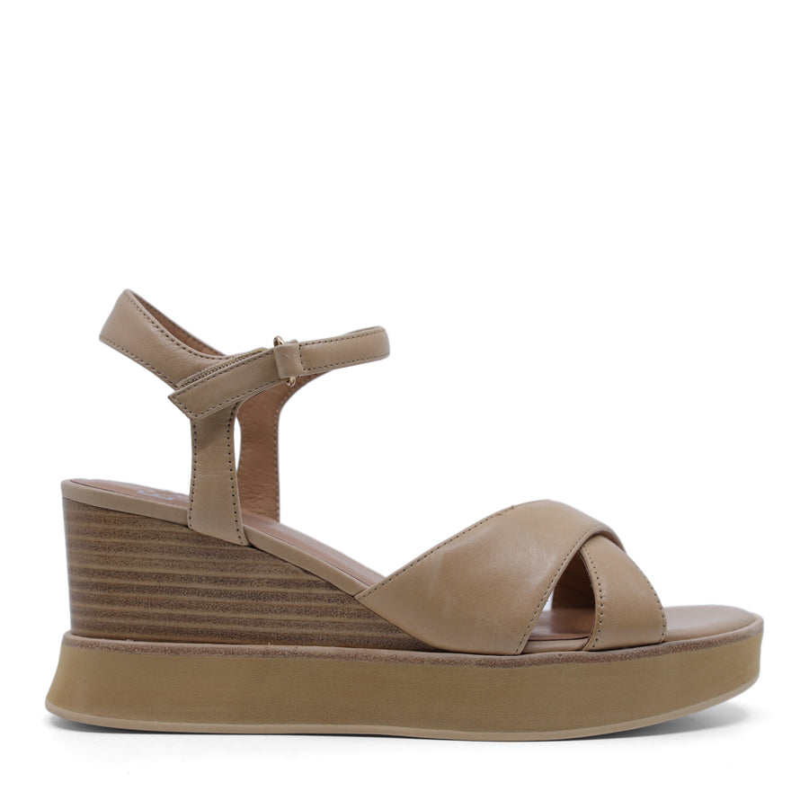 TAN BROWN VELCRO ANKLE STRAP WEDGE HEEL SANDAL