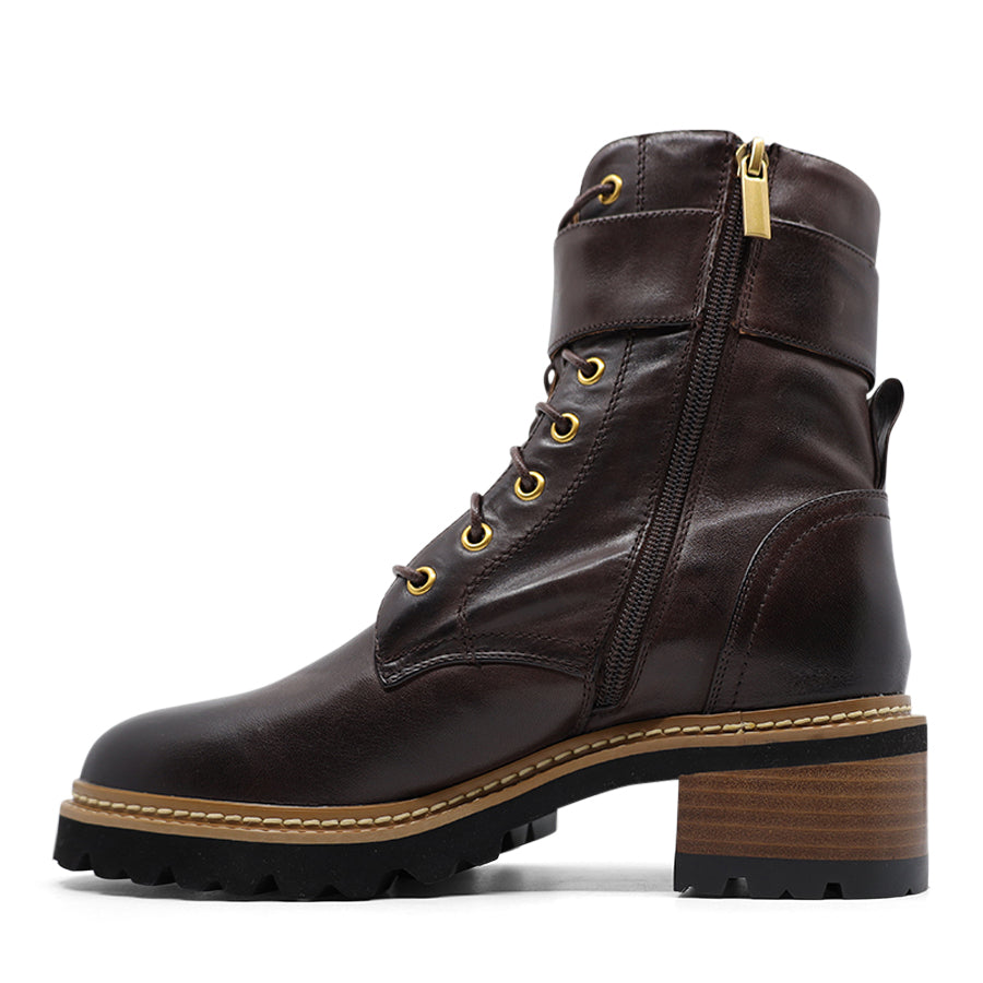 CHESTNUT DARK BROWN GOLD DETAIL LACE UP ZIP UP ANKLE BOOT